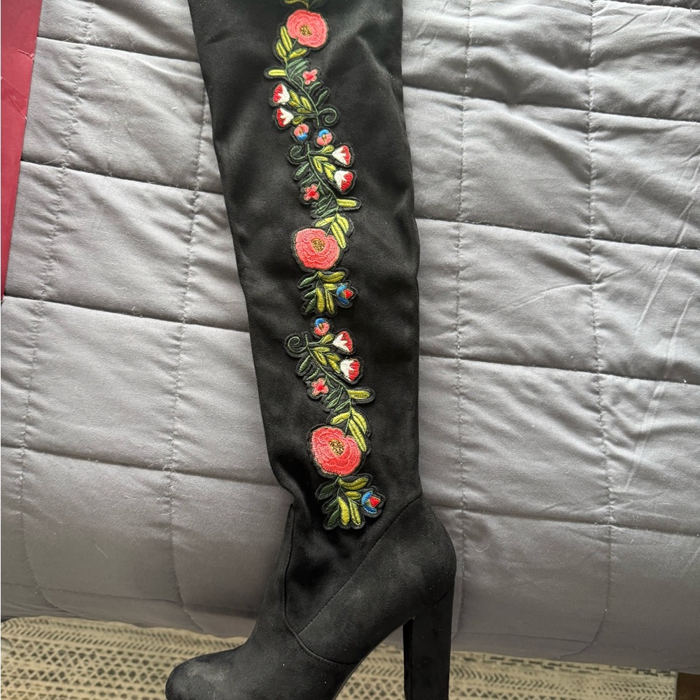 Merona Black Floral Embroidered Over the Knee Boots